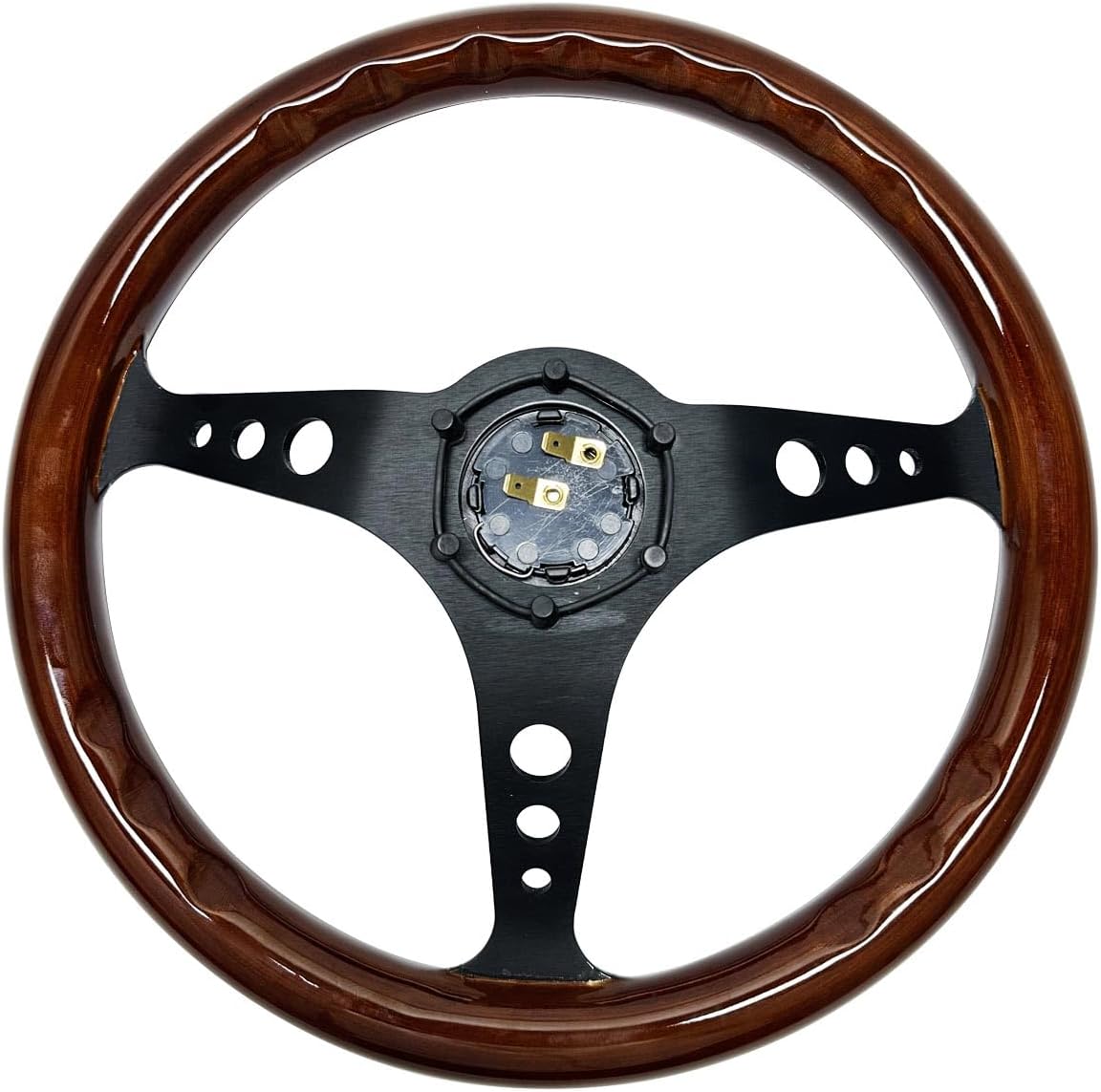 Hiracing 14" Universal Classic Wood Grain Steering Wheel Brushed 3 Spoke 1.5 Depth Steering Wheel with Horn Button 6 bolts (010)