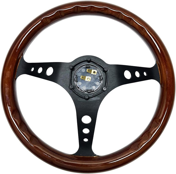 Hiracing 14" Universal Classic Wood Grain Steering Wheel Brushed 3 Spoke 1.5 Depth Steering Wheel with Horn Button 6 bolts (010)