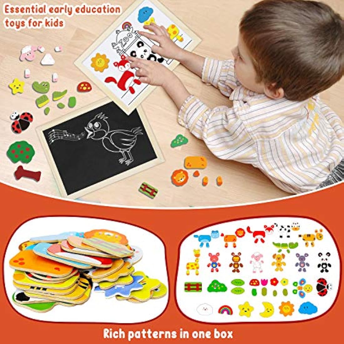 COOLJOY 100+ PCS Wooden Magnetic Puzzle, Magnetic Puzzle Board, Cute Pets Pattern Games Double Sided Jigsaw, Educational Drawing Easel Blackboard Wood Toys For Kids Up 3 Years Old Imagination