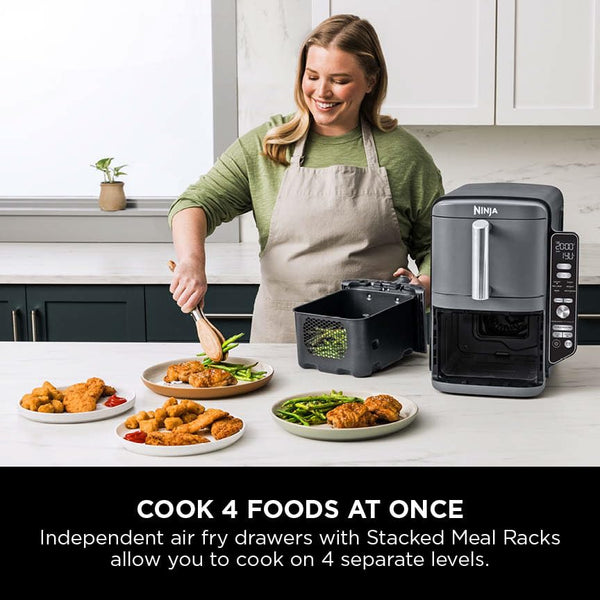 Ninja Double Stack XL Air Fryer, Vertical Dual Drawer AirFryer with 4 cooking levels, 2 Drawers and 2 Racks, Space Saving Design, 9.5L Capacity, 6 Cooking Functions, 8 Portions, Grey, SL400UK