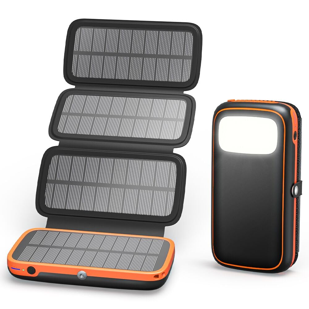 Paloceru Solar Power Bank 26800mAh - Portable Solar Charger with 4 Foldable Panels – PD QC 3.0 Fast Charging Battery Bank with USB C Output/Input - Outdoor Battery Pack with Flashlight for Camping