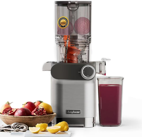 Anybear Cold Press Juicer, 200W Masticating Slow Juicer 4.3" Large Feed Chute Fit Whole Fruits Vegetables | Upgraded Auger | Tritan Materials | BPA Free | Juice Recipes (Silver)