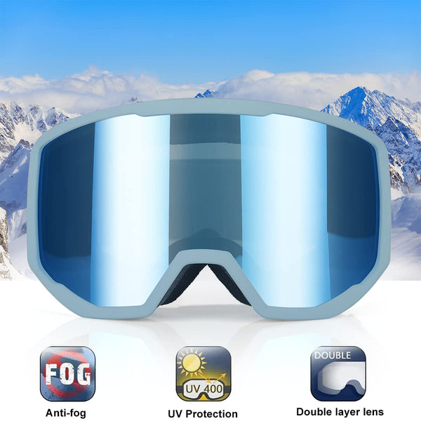EXP VISION Ski Goggles, Anti fog Snow Snowboard Goggle OTG Dual lens with 100% UV400 Protection for Men Women (Grey Frame-Dream Blue)