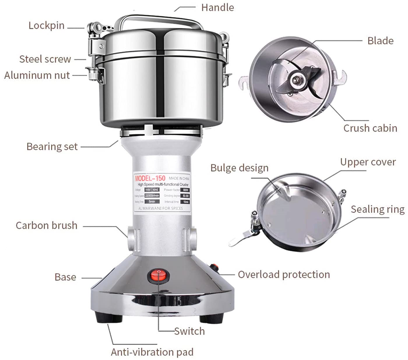 LEJIEYIN Electric Grain Grinder Mil 150g High Speed Stainless Steel, 900W Open-Cover-Stop Protection, for Grinding Various Dried Cereal/Herb/Spice/Nut