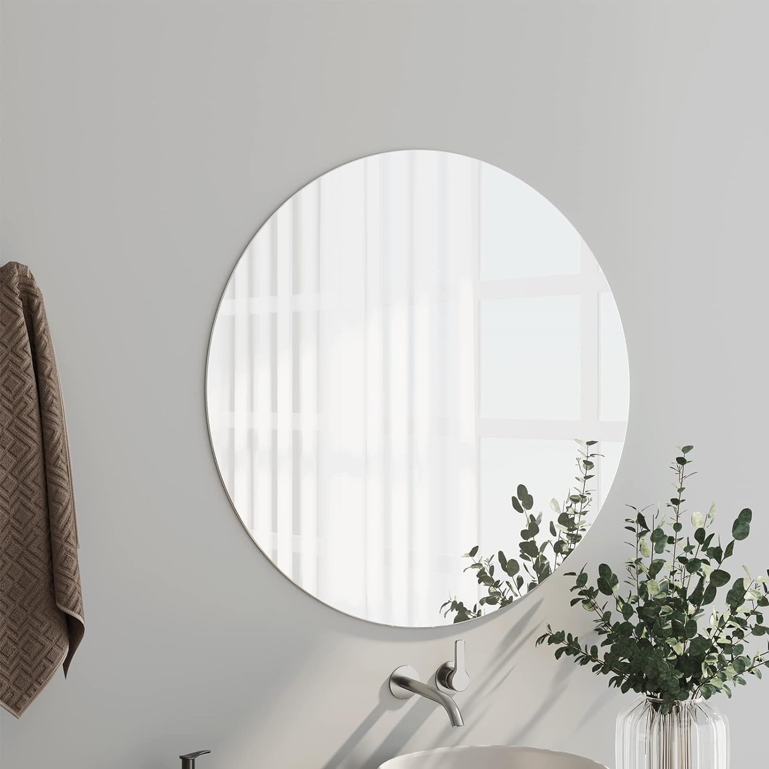 Dripex 50 x 50cm Frameless Round Mirror, Wall Mounted Bathroom Mirror with Polished Edge & Pre-installed Hole, Home Deco Hanging for Hallway Bedroom