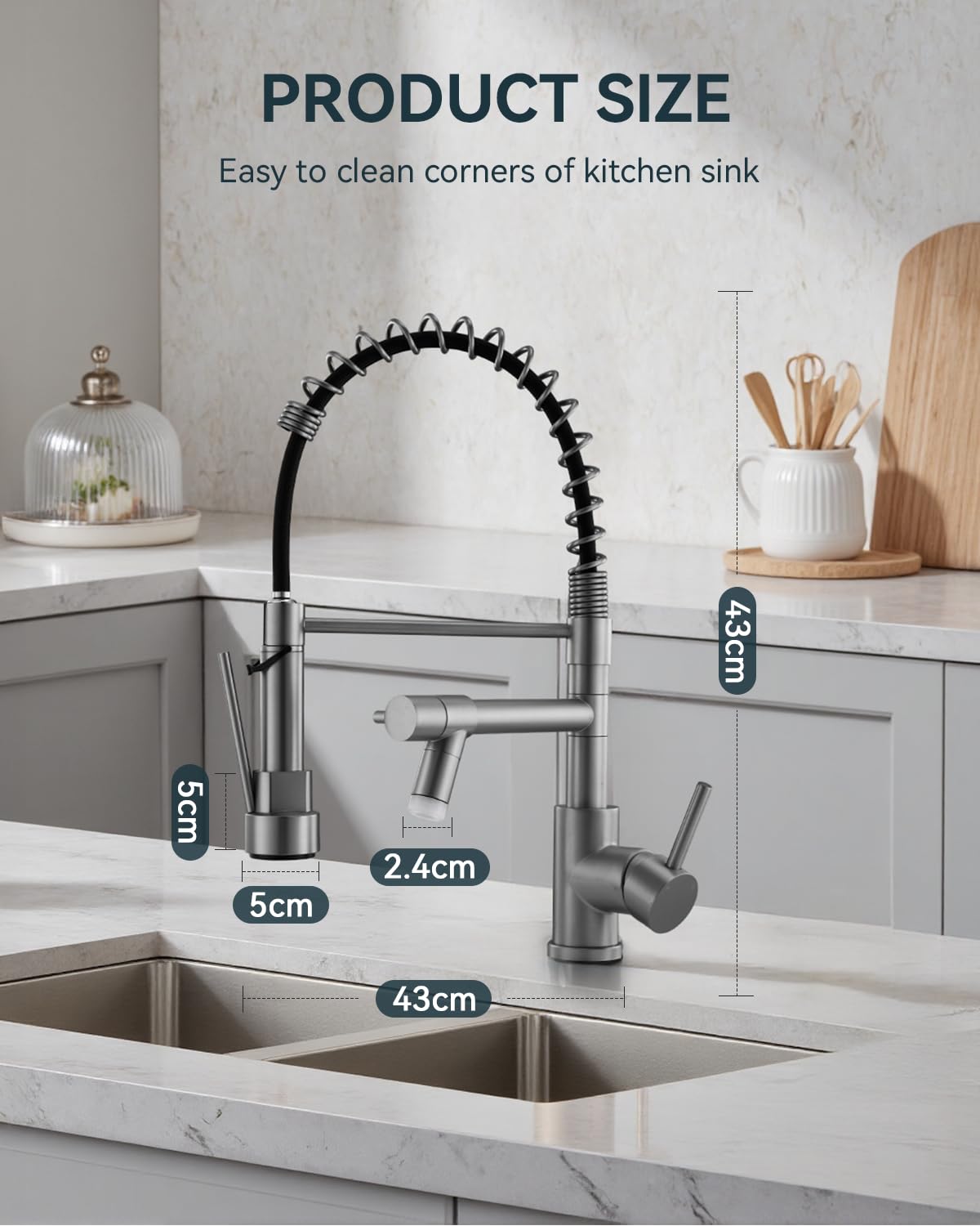 Warmiehomy 5 Modes Kitchen Taps Mixer with Pull Out Spray,High Arc 360° Swivel Dual Spout Pull Down Stainless Steel Kitchen Sink Taps,Brushed Nickel