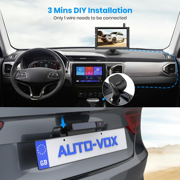 AUTO-VOX Solar Wireless Reversing Camera Kit, 3 Mins Easy Install Reverse Camera with HD Night Vision, Stable Digital Signal, IP69K Waterproof Reversing Camera Wireless for Car, Vans, Motorhome, Truck