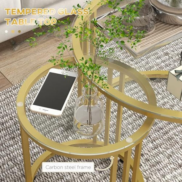 HOMCOM Nest of Tables, Round Coffee Tables Set of 2 with Tempered Glass Top and Steel Frame for Living Room, Gold Tone