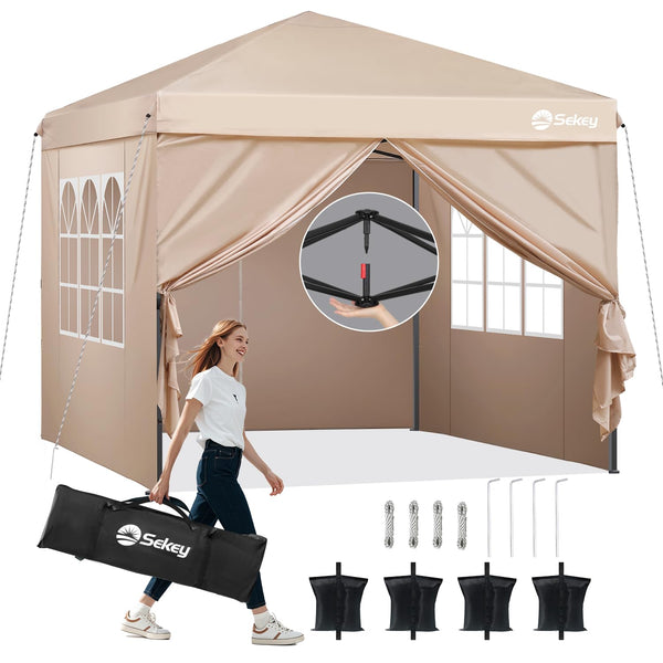Sekey One-Touch Pop Up Gazebo with Sides 3m x 3m, Heavy Duty Gazebo with 4 Pack Gazebo Weights Bags, Instant Setup, Waterproof 1000mm (Grau, 3m x 3m without Sides)