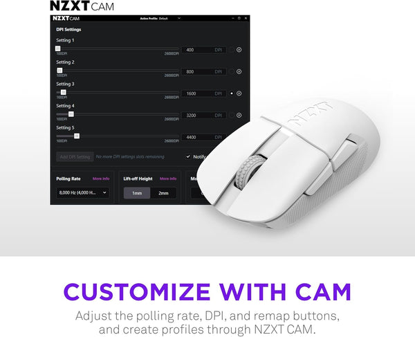 NZXT Lift Elite Wireless Gaming Mouse - Ultra-Lightweight 57 g - 4K/8K Polling Rates, Optical Switches, 26K DPI Optical Sensor - Long Battery Life - Rubber Side Grips - 5 Programmable Buttons - Black