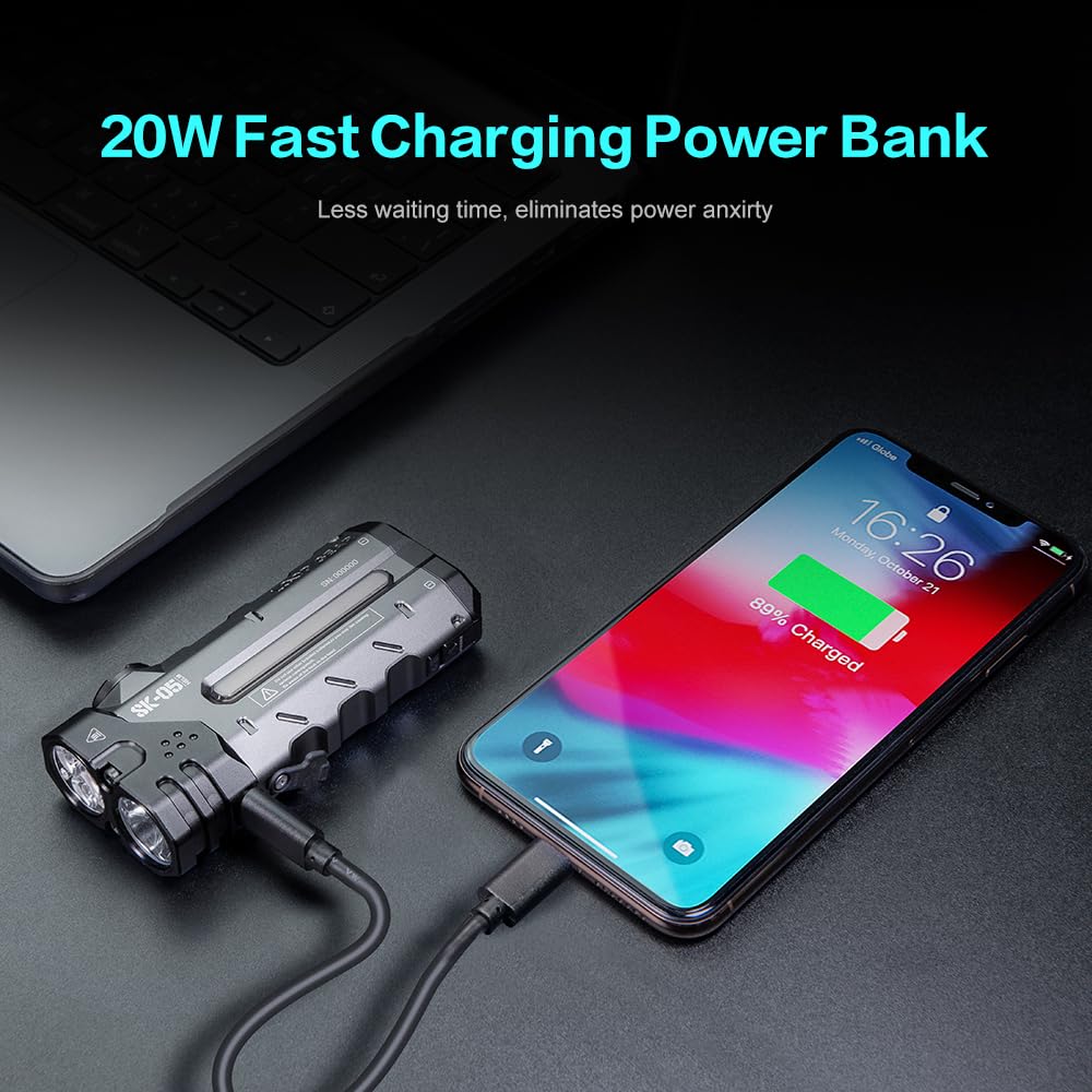 LOOP GEAR SK05 Pro Rechargeable Flat LED Torch with 8000mAh Power Bank, 4360 High Lumens, 10 Lighting Modes, Floodlight & Spotlight, IP68 Bright Flashlight for Camping,Hiking, Emergency & Survival