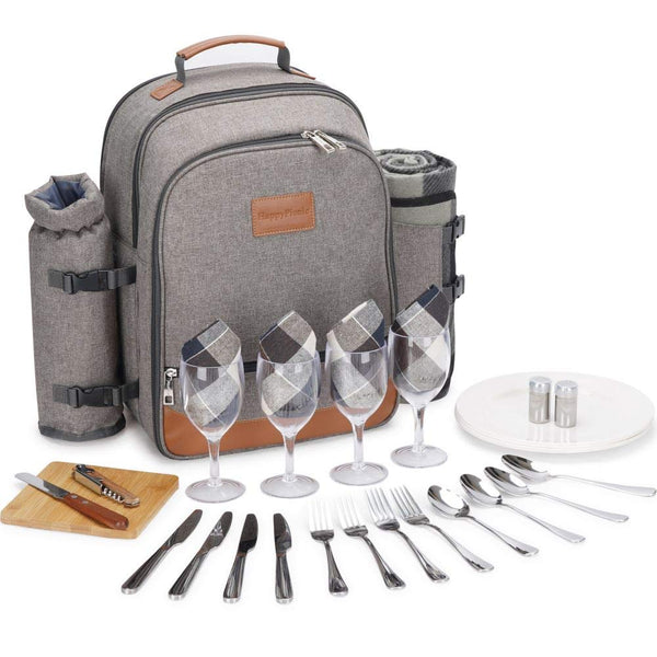 HappyPicnic Insulated Picnic Backpack for 4 Persons with Full Set of Tablewares, Roomy Cooler Compartment, Bottle Holders and Large Waterproof Picnic