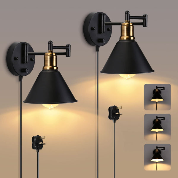 Lightess Black Plug Wall Light Industrial Swing Arm Wall Lights with Switch, Dimmable Wall Lamp E27 Retro Wall Sconce for Bedroom, Living Room, Set of