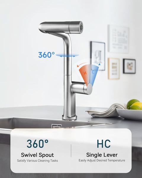 Warmiehomy 5 Modes Kitchen Taps Mixer with Pull Out Spray,High Arc 360° Swivel Dual Spout Pull Down Stainless Steel Kitchen Sink Taps,Brushed Nickel