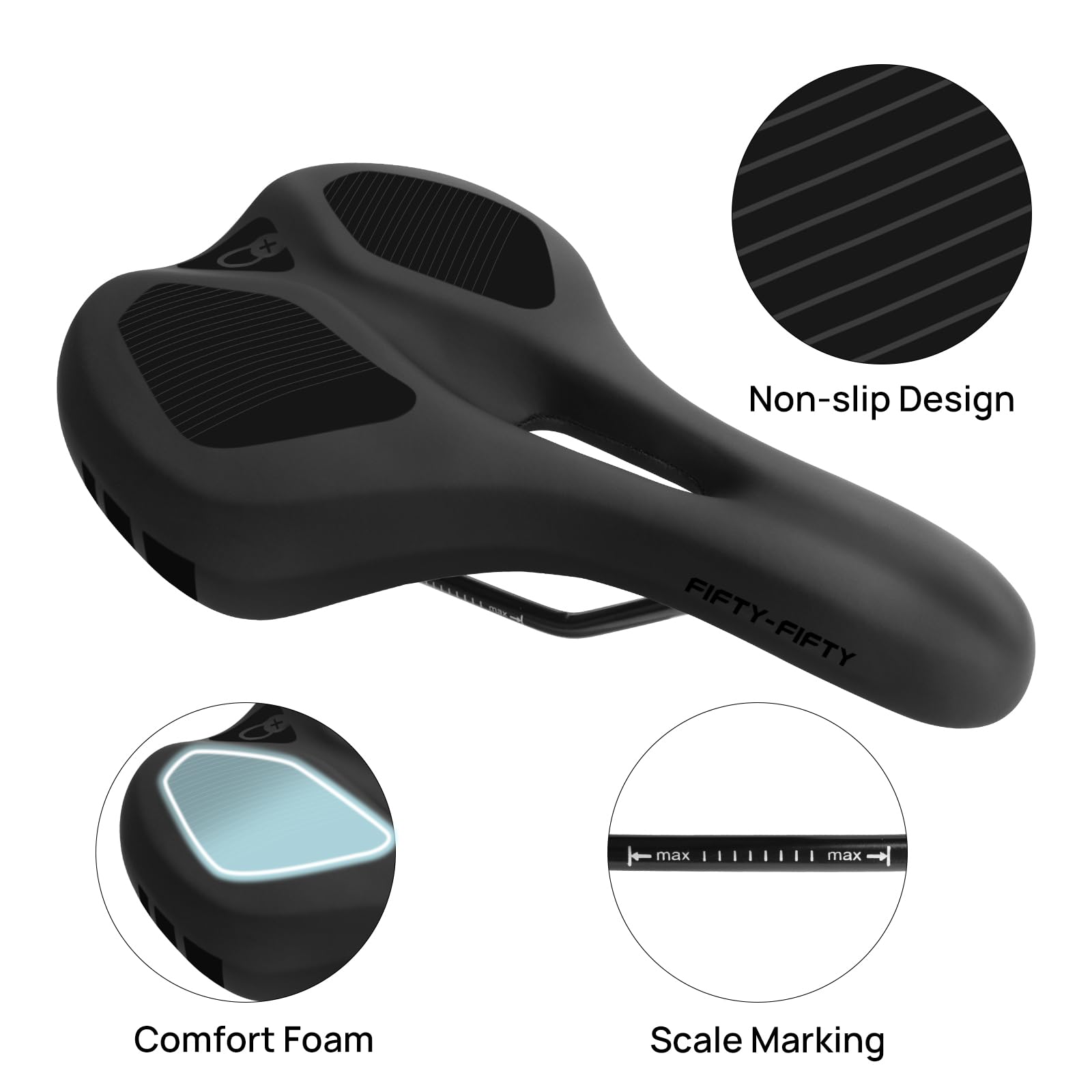 FIFTY-FIFTY Mountain Bike Saddle, Comfortable Memory Foam Padded Bicycle Seat, Breathable Waterproof Bicycle Saddle for Men and Women, Compatible with