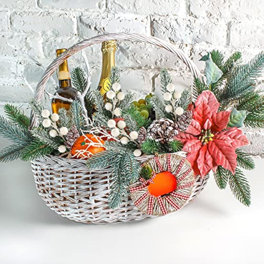 ELECLAND 10 Pcs Christmas Decorations Artificial Pine Branches Stems Spray With Pine Cones Faux Red Berry Holly Leaves for Craft Floral Wreath Ornaments, White