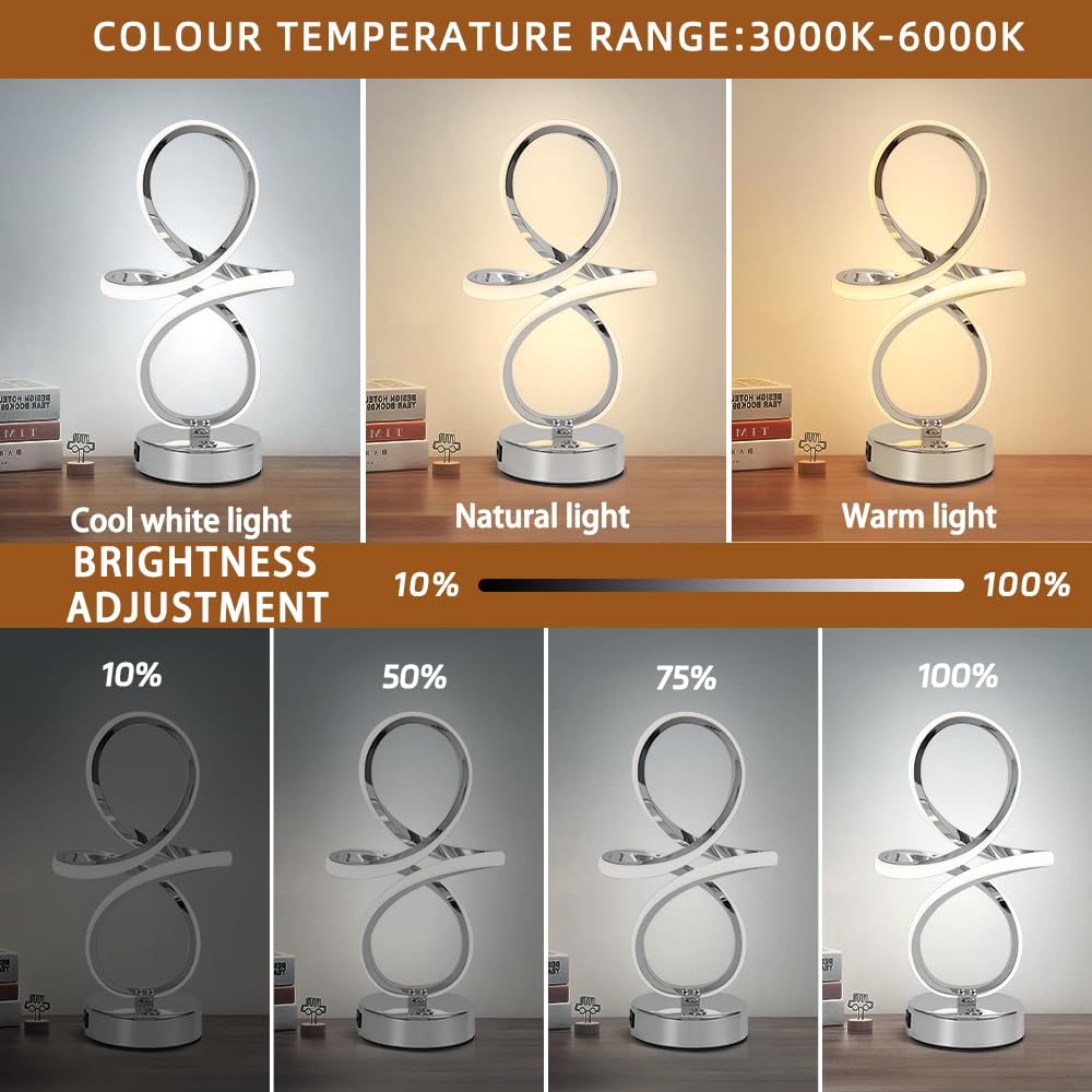 EIDISUNY LED Table Lamp Dimmable Touch Control Table Lamp Silver Curved LED USB Charge Bedside Lamp for Bedroom Office Living Room Creative Modern