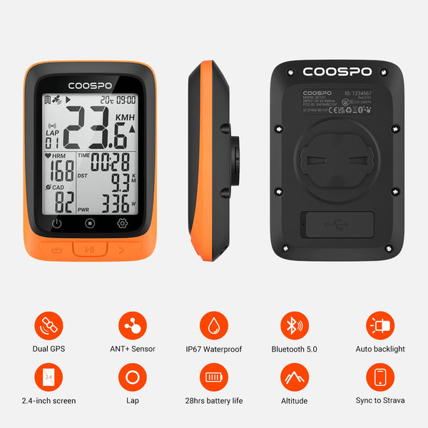 COOSPO ANT+ GPS Wireless Bike Computer with Bluetooth, Multifunction ANT+ GPS Bike Computer with 2.4 Inch LCD Display, Bike Speedometer with Automatic Backlight IP67
