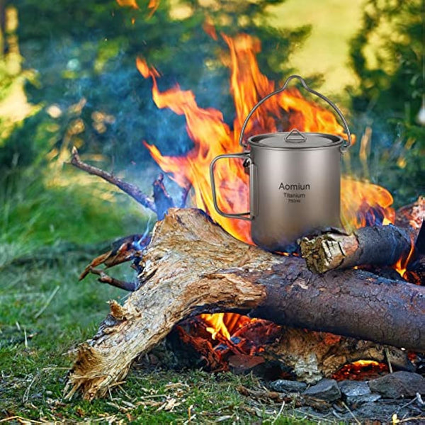 HUIOP titanium pot, Ultralight 750ml Titanium Pot Portable Titanium Water Mug Cup with Lid and Foldable Handle Outdoor Camping Cooking Picnic