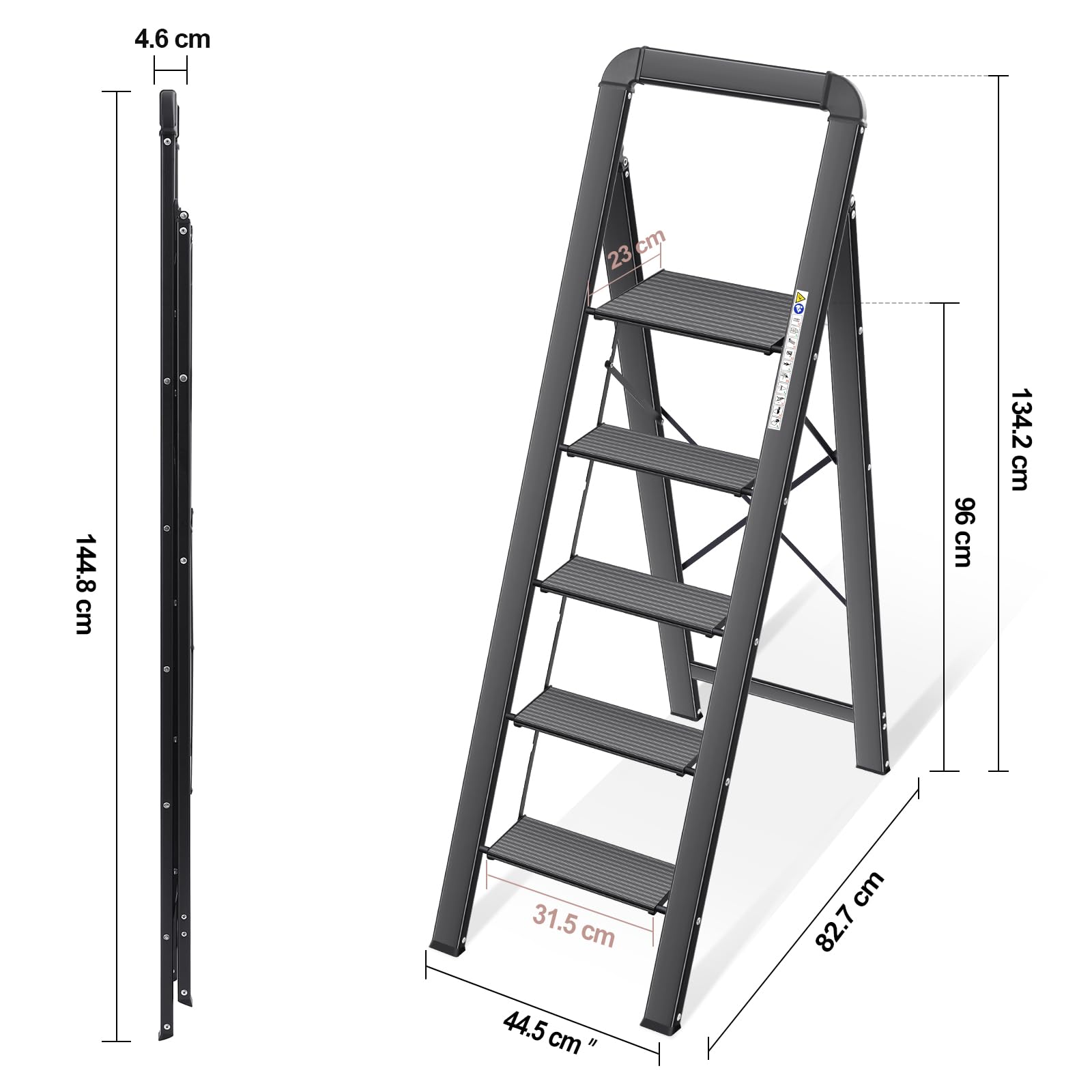 KINGRACK 2 Step Ladder with Handrail, Non-Slip Household Ladder with Folding Safety, Aluminium Folding Step Stool, Maximum Load 150 kg, Black