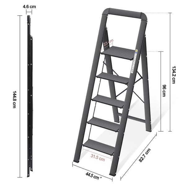 KINGRACK 2 Step Ladder with Handrail, Non-Slip Household Ladder with Folding Safety, Aluminium Folding Step Stool, Maximum Load 150 kg, Black