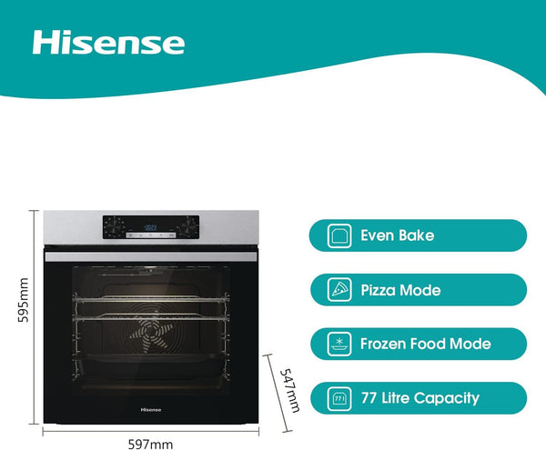 Hisense BI64211PB 77 Litre Built In Electric Single Oven With Pyrolytic Cleaning, Pizza Mode, Multiphase Cooking- Black 22x23x23 inches (LxWxH) - A+ Rated, Extra Large
