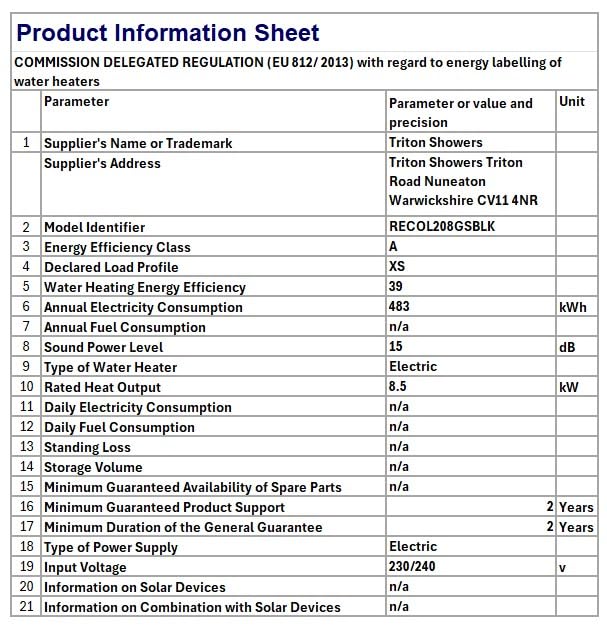 Triton Showers Collection 2, Shower Electric, 8.5 KW, Triton Aspirante, Black Gloss, Electrical Showers, with Showerhead and Anti Twist Hose, Bathroom Showering Unit