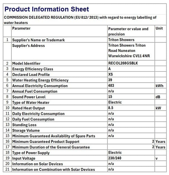 Triton Showers Collection 2, Shower Electric, 8.5 KW, Triton Aspirante, Black Gloss, Electrical Showers, with Showerhead and Anti Twist Hose, Bathroom Showering Unit