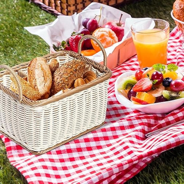 HEMOTON Rattan Cutlery Holder, Woven Cutlery Basket for Table, Table Holder for Cutlery and Utensils with Handles and 4 Division Compartments, for Kitchen, Dining Room, Garden or Picnic