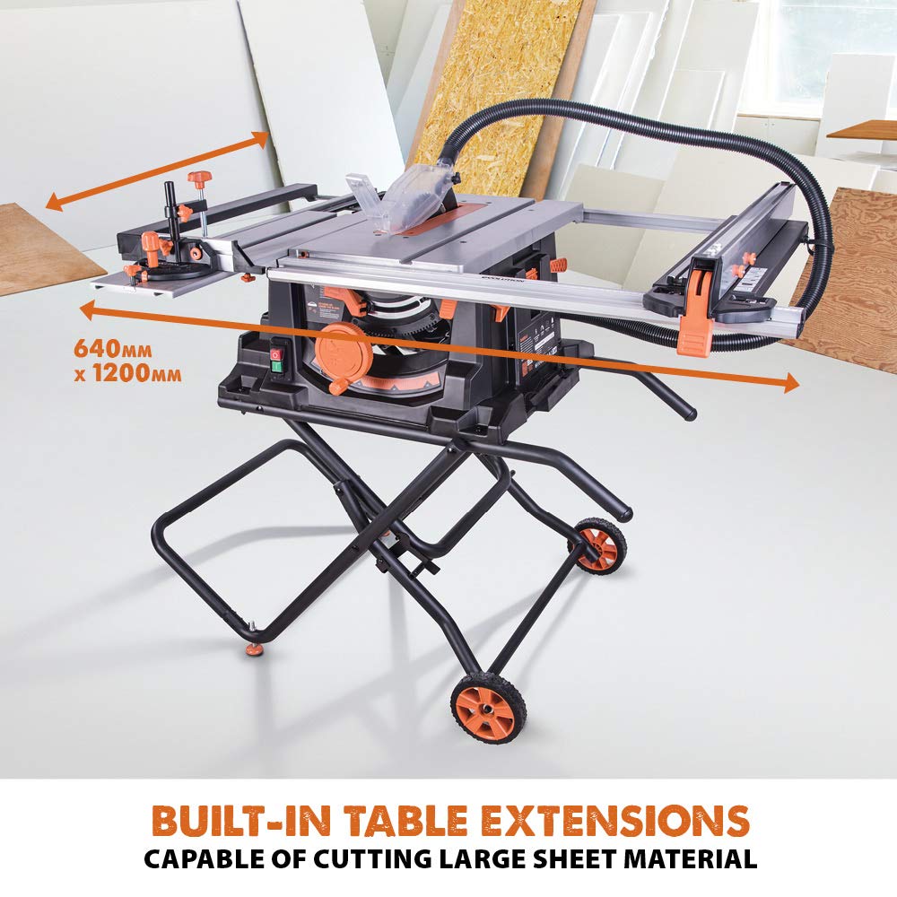 Evolution Power Tools R255TBLX+ Table Saw With Stand (Next Gen Rage 5-S) Multi-Material Cutting Blade Included Cuts Wood Metal Plastic, 45˚ Bevel, +/- 60˚ Mitre Angle, 85mm Cut Depth, 1800w Motor 240v