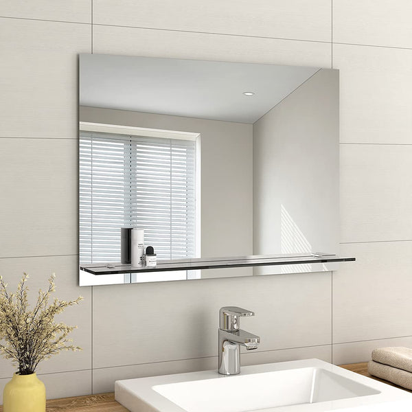 EMKE Frameless Mirror with Shelf - Small Bathroom Wall Shaving Mirror with Storage, Rectangle Vanity Mirrors 80x60cm