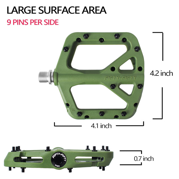 FIFTY-FIFTY Mountain Bike Pedals, Non-Slip MTB Nylon Composite, 9/16" Bicycle Pedals, Lightweight and Wide Flat Platform (Olive Green)