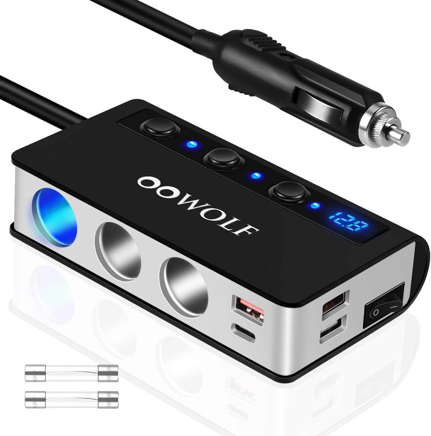 OOWOLF Quick Charge 3.0 Cigarette Lighter Adapter,180W 12V/24V 3-Socket DC Power Car Splitter with 6.6A 4 USB Ports,LED Display Voltage, Individual Switch