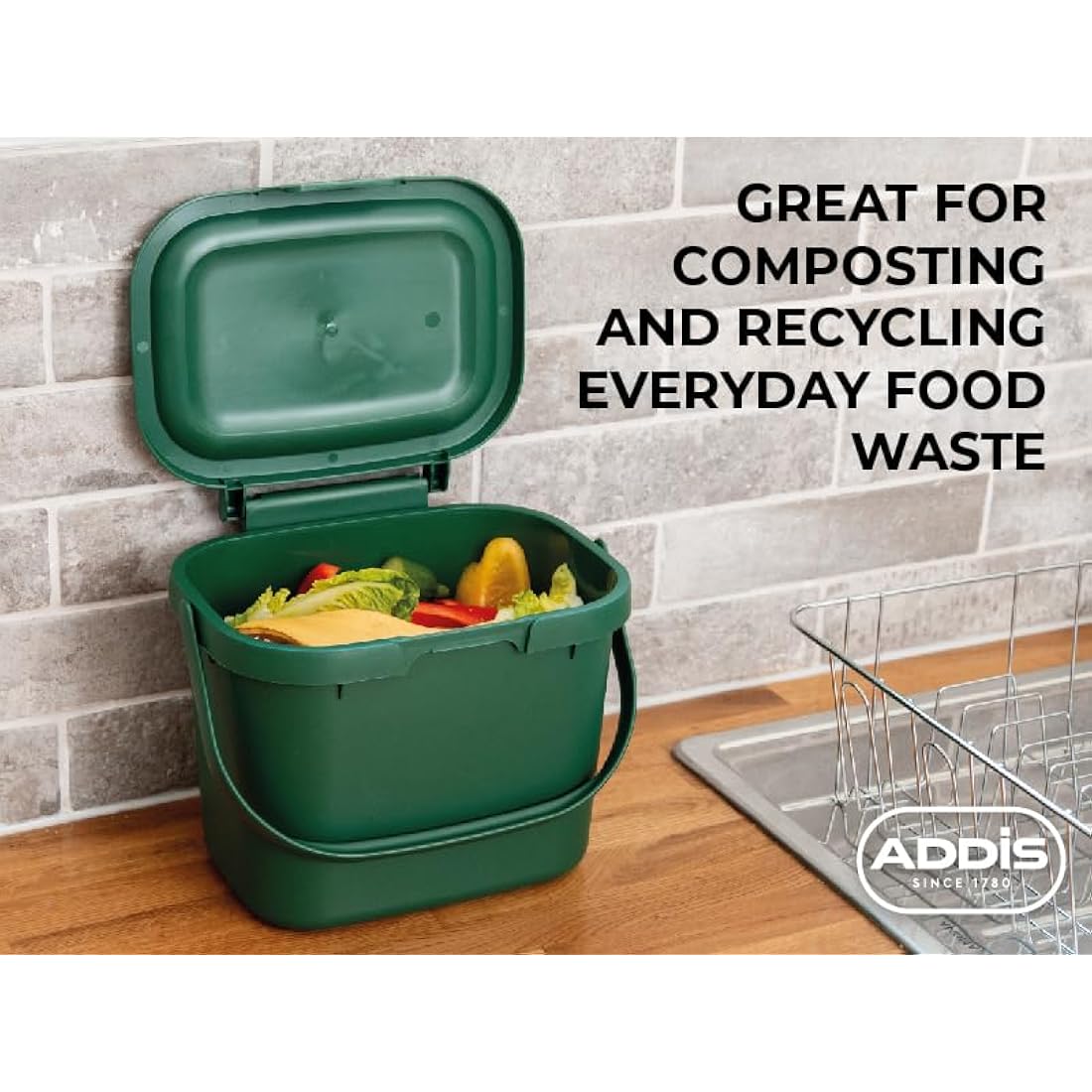 Addis Everyday Kitchen Food Waste Compost Caddy Bin, 4.5 Litre, Made from Recycled Plastic Eco Blue