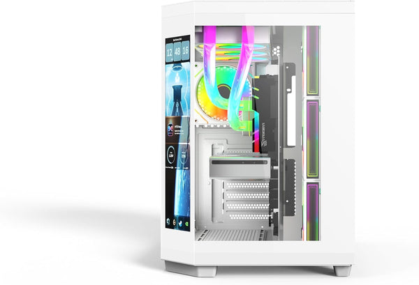 IONZ APEX Vision - PC Gaming Case, M/ATX Mini Tower, Dual Chamber with 6 ARGB PWM Fans - LCD Screen | Supports 240 mm AIO, White