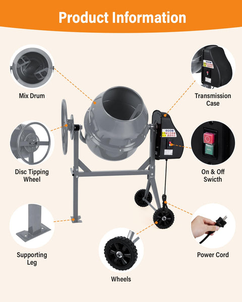 DKIEI 63L Electric Cement Mixer, 220W Concrete Mixer with Wheels and Stand, Portable Mud Mixer Machine for Cement, Stucco, Seeds and Fodder, 230V, 50Hz, 30RPM, Orange