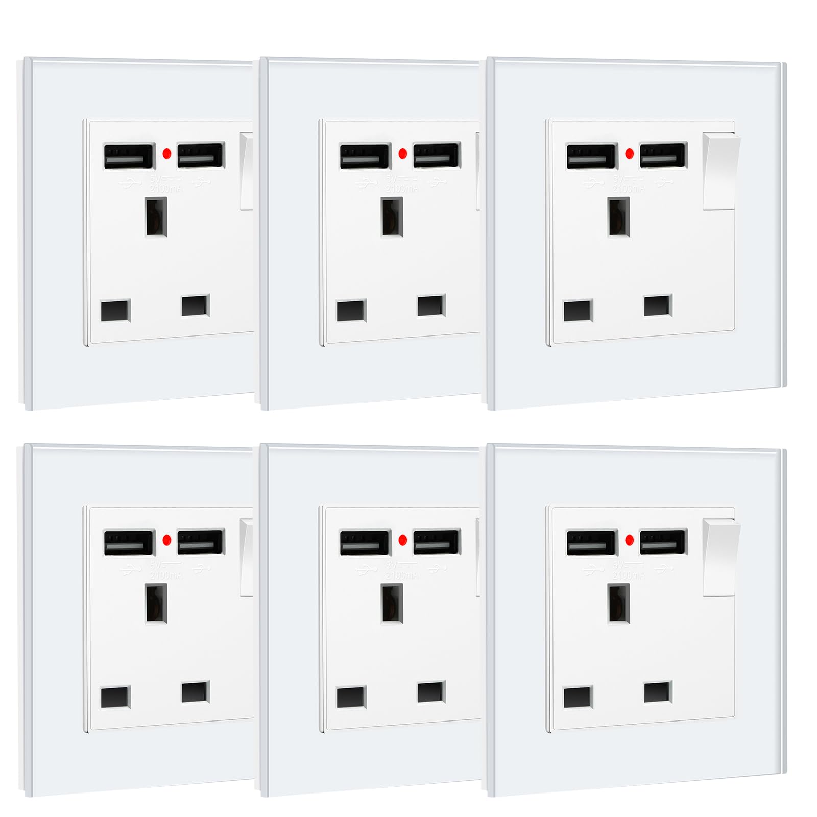 BSEED Double Socket 13A with LED Indicator, Double Switched Wall Socket 2 Gang UK Standard, Electric Switched Plug Power Wall Outlet with Glass Panel, Grey