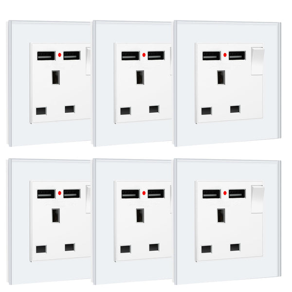 BSEED Double Socket 13A with LED Indicator, Double Switched Wall Socket 2 Gang UK Standard, Electric Switched Plug Power Wall Outlet with Glass Panel, Grey