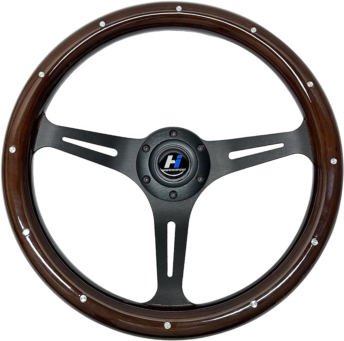 Hiracing 14" Universal Classic Wood Grain Steering Wheel Brushed 3 Spoke 1.5 Depth Steering Wheel with Horn Button 6 bolts (010)