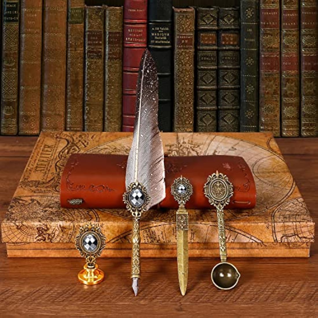 MPRINCE Feather Pen Ink Set,Includes Quill Pen,Notebook,Ink,5 Replaceable Nibs,Pen Holder,Cup,Seal Stamp,Spoon,Wax Bead,White Wax,Envelope & Letter Paper Etc-Grey