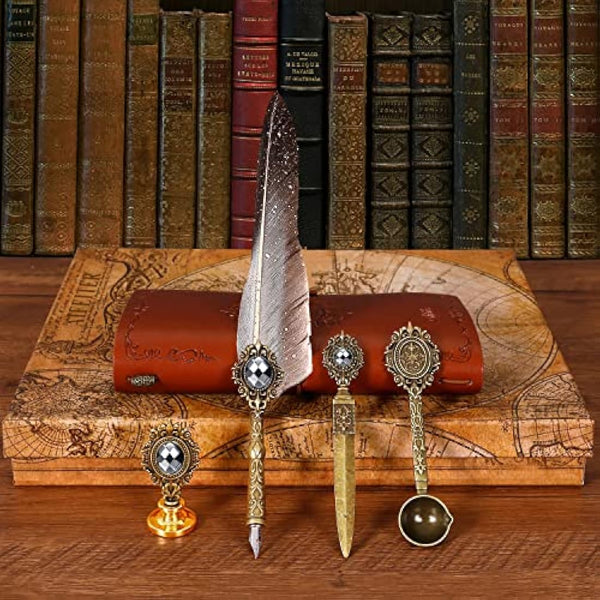 MPRINCE Feather Pen Ink Set,Includes Quill Pen,Notebook,Ink,5 Replaceable Nibs,Pen Holder,Cup,Seal Stamp,Spoon,Wax Bead,White Wax,Envelope & Letter Paper Etc-Grey