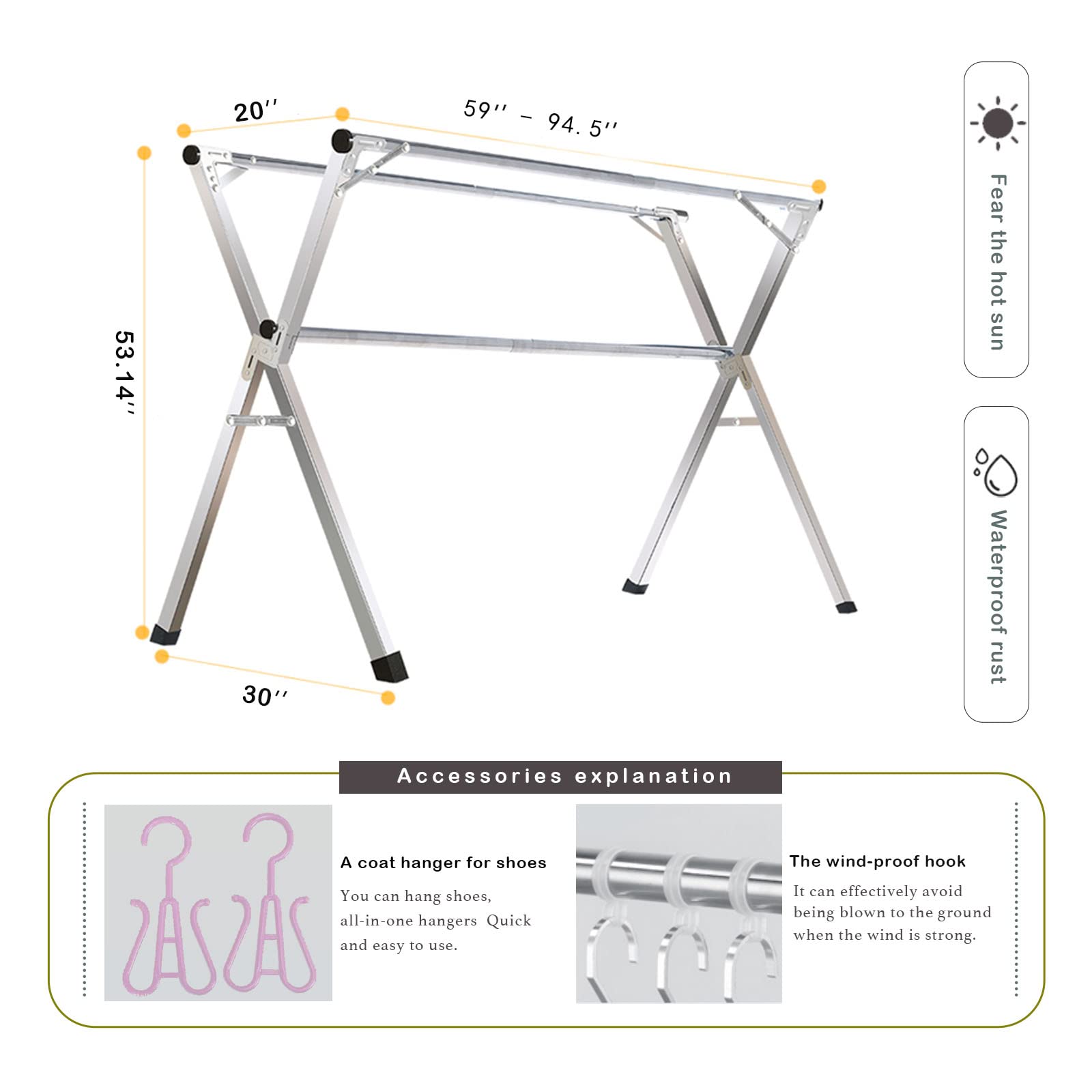 AIODE Clothes Drying Rack for Laundry Foldable, 94.5 inch Stainless Steel Pool Towel Rack Outdoor Free Standing Clothing Hanger Indoor