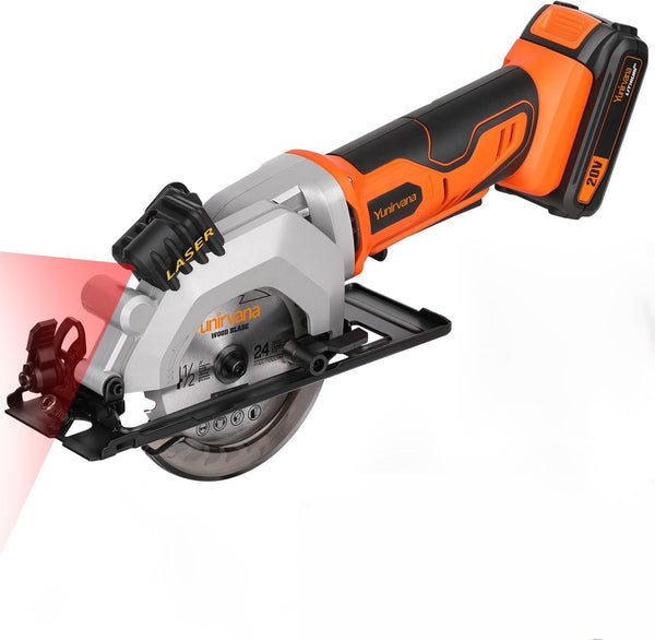 Yunirvana Mini Circular Saw, 20V 3400RPM Professional Cordless Circular Saw, Adjustable Angle and Depth,Max Cutting Depth 42.8mm (90°), 28mm(45°),Laser Guide,Blade 115mm
