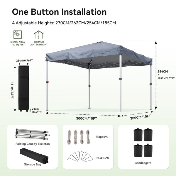 Aoxun 3m x 3m Pop Up Gazebo, Metal Frame Shelter Tent for Outdoor Garden Party, with 4 Sandbags & Carry Bag, Adjustable Height, Grey