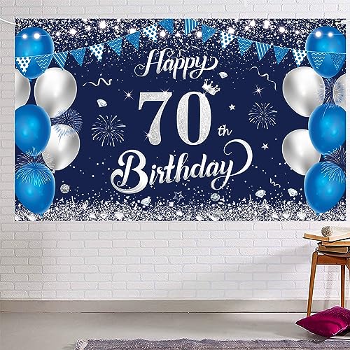 Happy 70th Birthday Banner, 1.1 x 1.8m Blue Silver 70th Birthday Decorations for Women, Men, Anniversary Party Supplies
