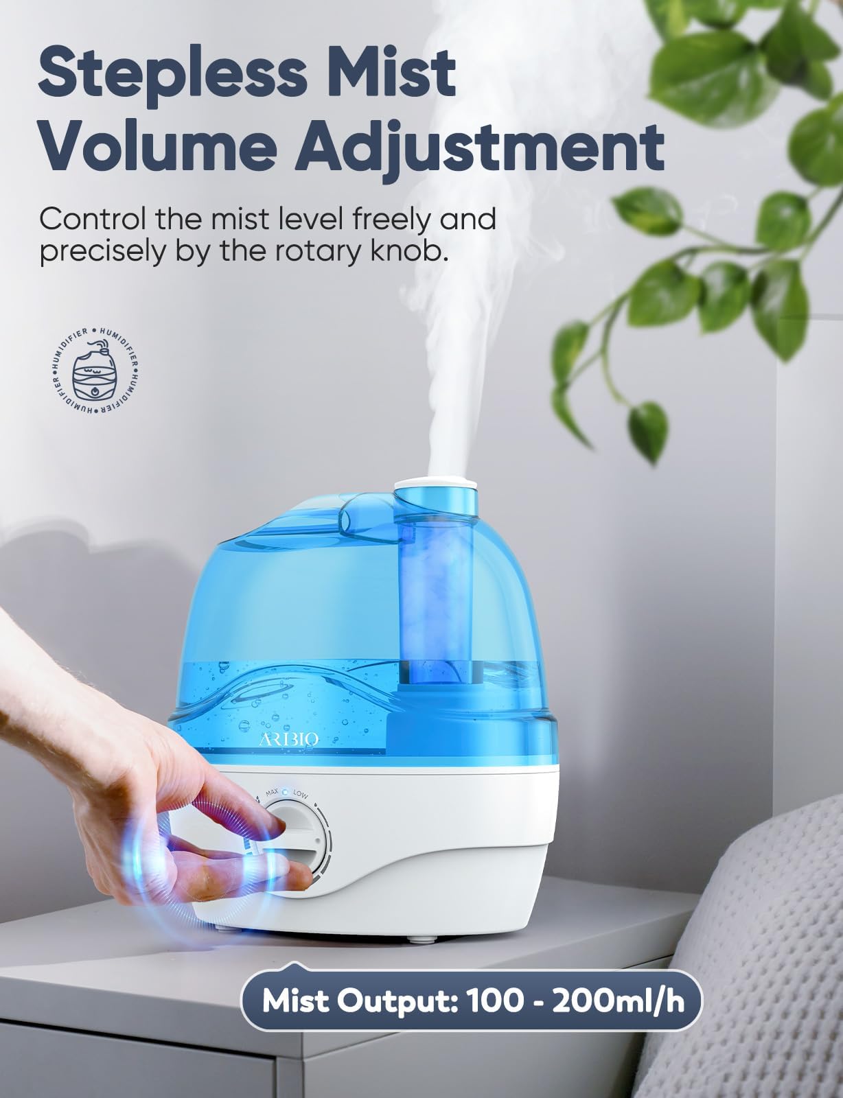 Humidifiers, 2.2L Humidifier for Bedroom Baby Room with 28dB Quiet, Air Cool Mist Humidifiers for Home with 360 Rotation Nozzle, BPA-Free, Wide