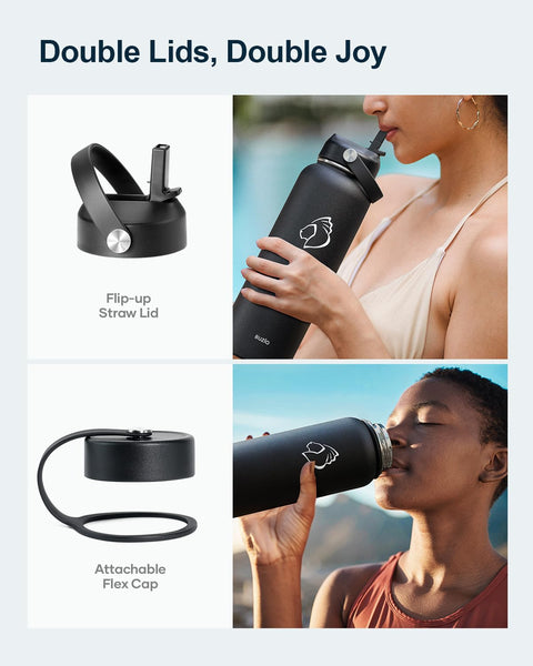 Stainless Steel Water Bottle 2L, BUZIO Vacuum Insulated Water Bottle with Straw Lid and Flex Cap Cold for 48 Hrs, Hot for 24 Hrs Double Wall Wide Mouth BPA Free Leak Proof, Black