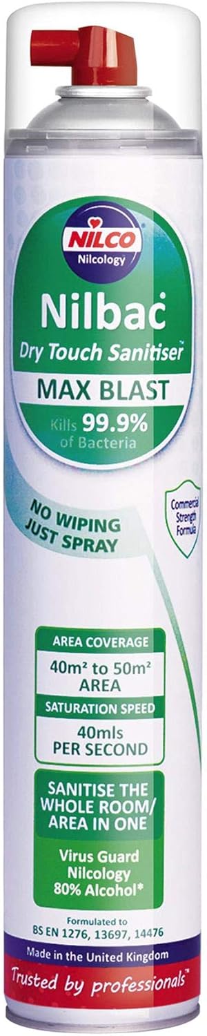 Nilco Nilbac Max Blast - Whole Room Sanitiser kills 99.9% of Bacteria - Dry Touch 750ml Aerosol