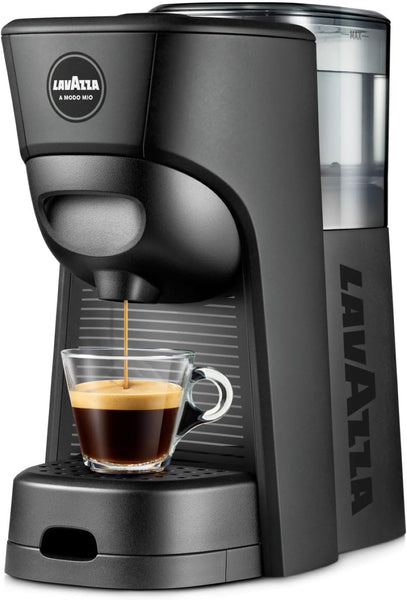 Lavazza, A Modo Mio Tiny Eco, Coffee Capsule Machine, Compact, Compatible with A Modo Mio Coffee Pods, with Automatic Shut-Off, Removable and Adjustable Cup Rest, 1450 W, 220-240 V AC, 50-60 Hz, Black
