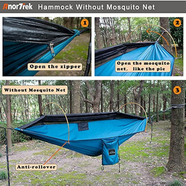 AnorTrek Professional Camping Hammock with Mosquito Net, Lightweight Portable Double Hammock with Two 10 FT Hammock Tree Straps, 230T Nylon Hammock for Camping Hiking Garden Backpacking (Green)